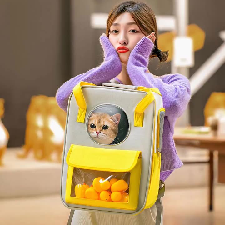 Cute Cat Bag Go Out Portable Cat Backpack Yellow Mix Beige Large Capacity Breathable Top Quality Canvas Bag Pet Supplier