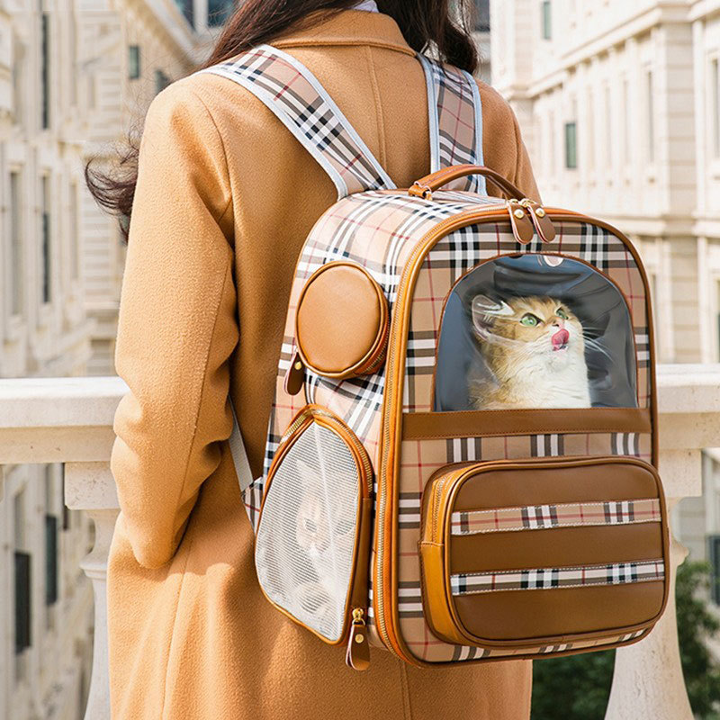 Brown Pu Leather Plaid Cat Bag Go Out Portable Large Capacity Breathable Mesh Hot Selling Pet Carrier Bag Animal Backpack