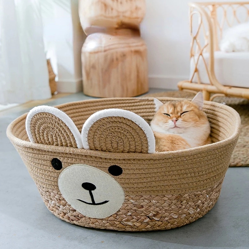 Rattan High Quality Woven Cat Nest Summer Cute Bear Semi-closed Pet Weaving Nest Cushion Handmade Cheap Price Cat Cage