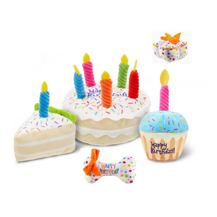 Doggie Cat Party Gift Squeaky Durable Chewer Birthday Cake With Candle Cupcake Bone Happy Birthday Decoration Plush Dog Toy Box