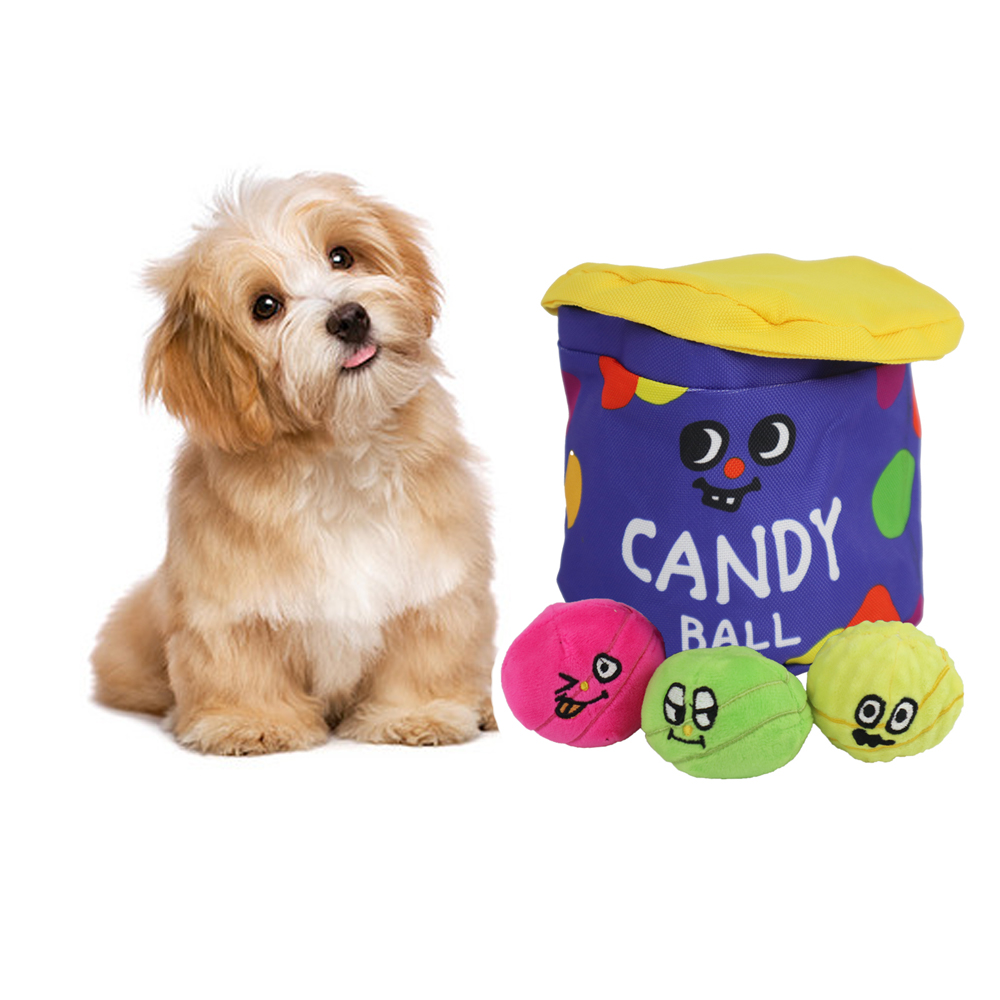 Wholesale 2023 Korean Ins Cute Candy Box Durable Hide And Seek Interactive Squeaky Ball Plush Puzzle Pet Dog Toys