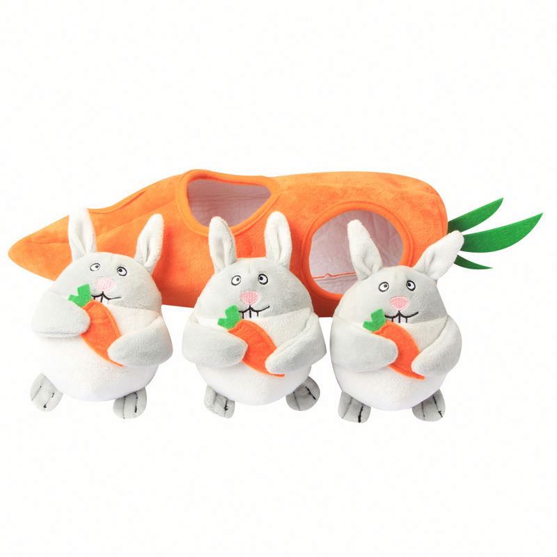 Cute Bright Color Rabbit Bunny Cartoon Carrot House Set Dog Chewing Interactive Toy Set Hide And Seek Plush Pet Training Toy