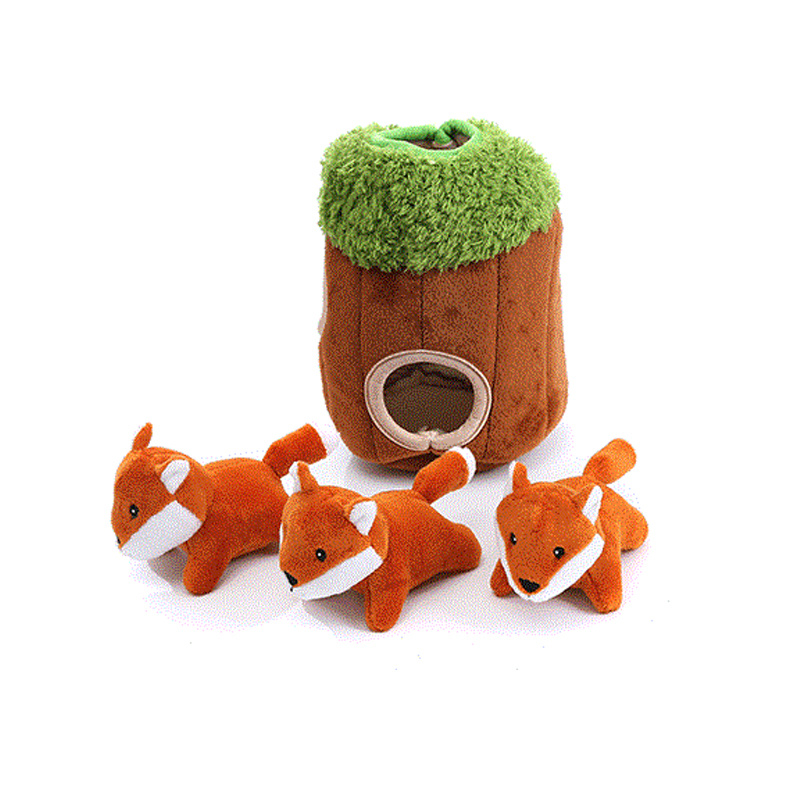 Soft Beejay Pet Toy Interactive Training Chewer Fox And Tree Hole Shape Set Squeaky Animal Hide And Seek Plush Dog Puzzle Toy