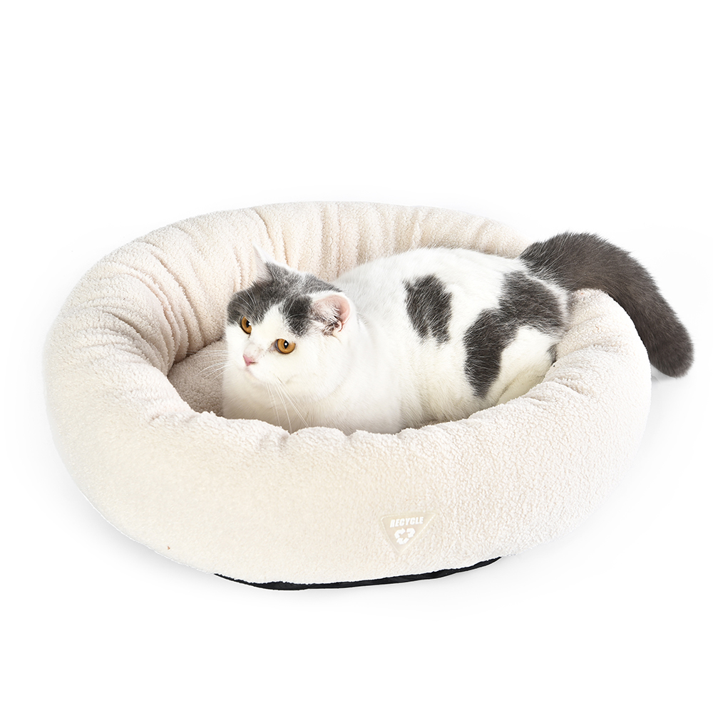 Eco Friendly Recycle Fabric Round Plush Cat Bed Machine Washable Donut Cuddler Pet Bed