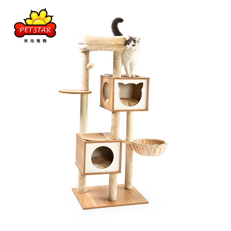 Light Yellow Multifunctional Cat Tree Tower Durable Fashion Wooden Cat Tree House