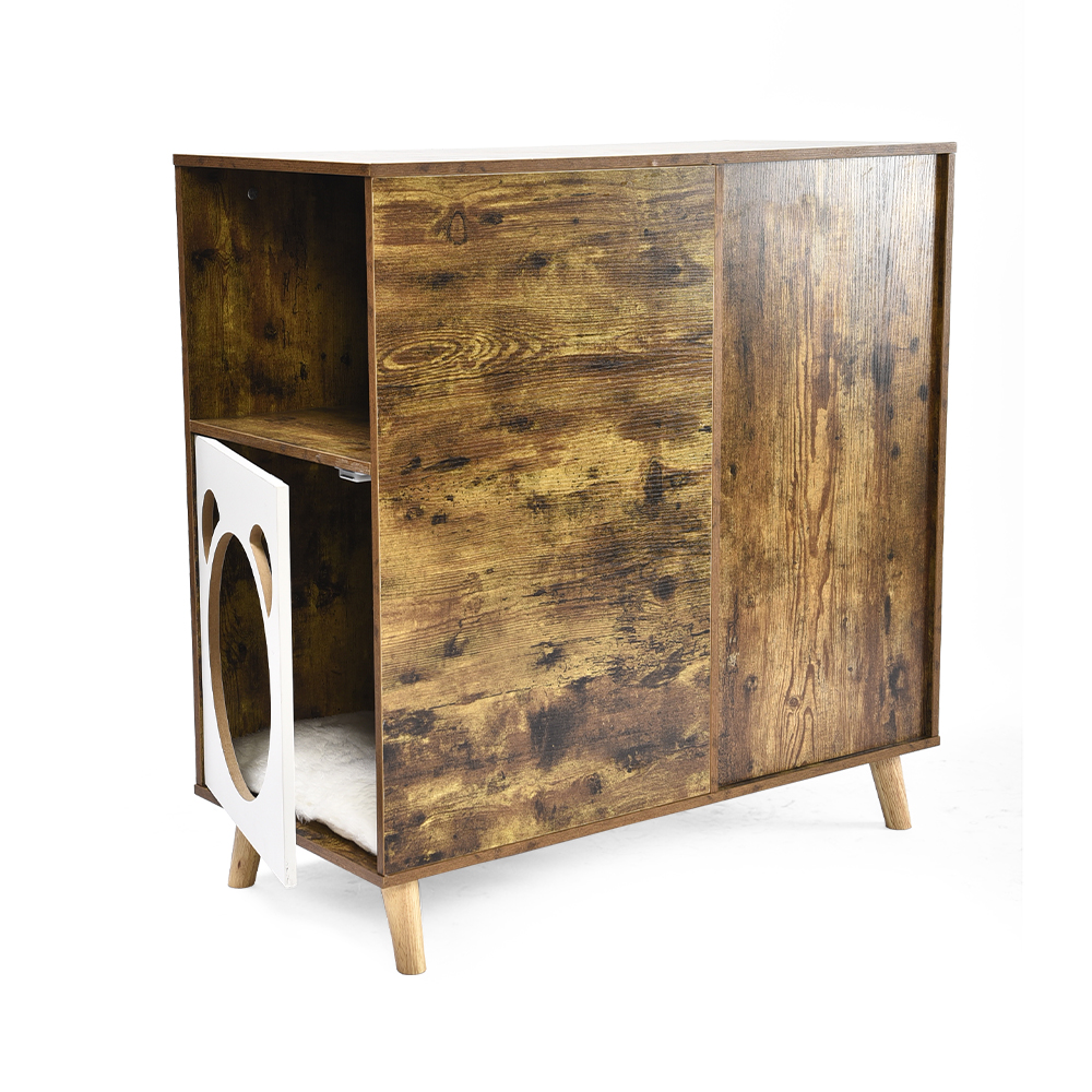 Vintage Style 3 In 1 Multifunctional Cat Wooden House Furniture With Shelves And Storage Boxes