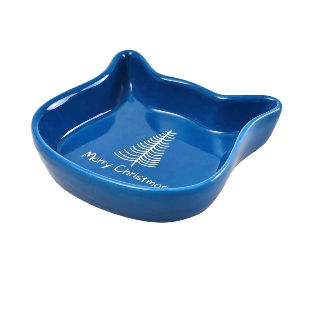 2022 Cat Shape Sustainable New Design Blue Ceramic Dog Cat Pets Food Bowl