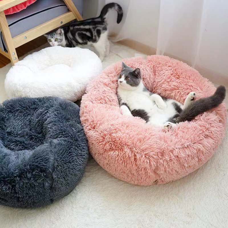 Manufacturer Wholesale Oem Soft Plush Pink Grey Black Dog Cat Round Donuts Beds