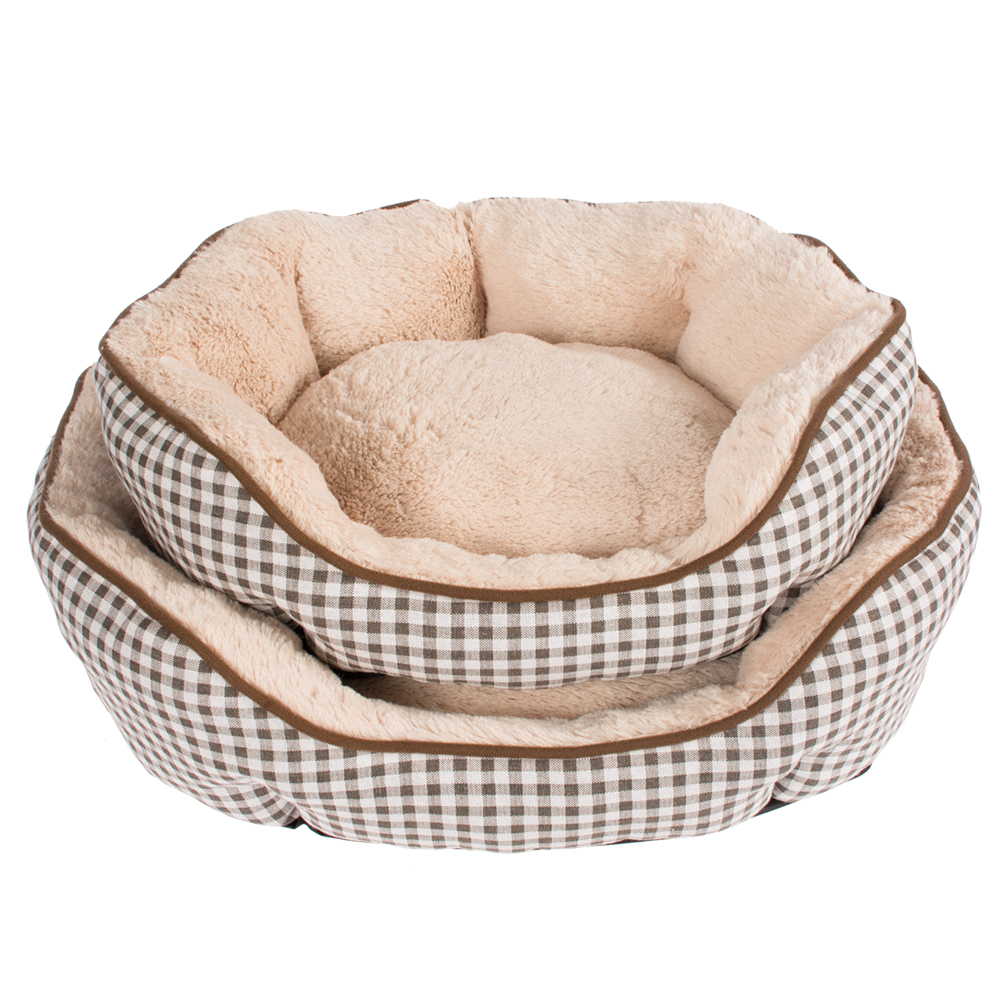 China Manufacturer Cozy Brown Plaid Beige Plush Pet Sofa Bed