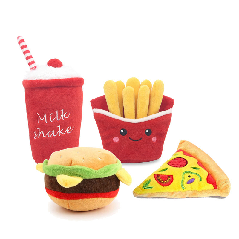 Manufacturer Wholesale Hamburger French Fries Pizza Squeaky Dog Plush Food Toys