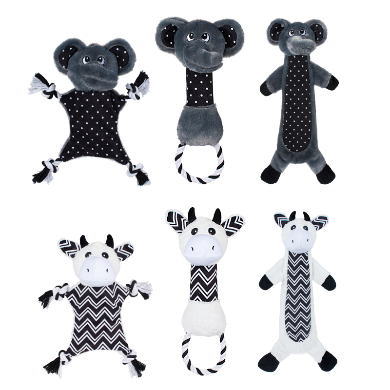 Manufacturer Wholesale Elephant Cow Pv Plush Chew Rope Squeaky Dog Toys Black White Set