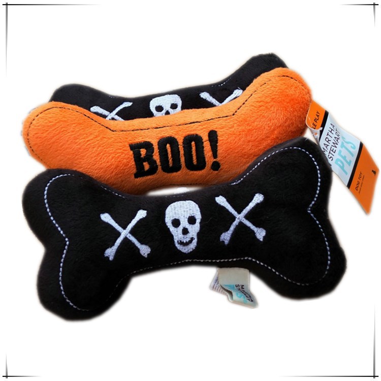 Manufacturer Wholesale Orange Black Plush Squeaky Dog Bone Halloween Toys