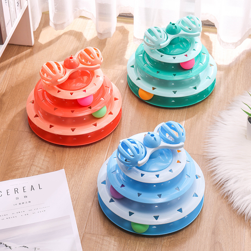 Manufacturer Wholesale Blue Orange Green Four Layer Cat Turntable Toys
