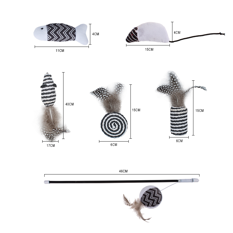 Manufacturer Wholesale Black White Sisal Feather Plush Cat Teasing Toys Set