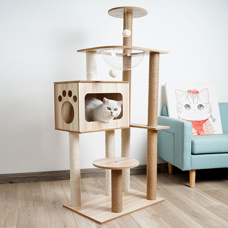 Manufacturer Wholesale Large Beige Wooden Cat Tree Scratcher