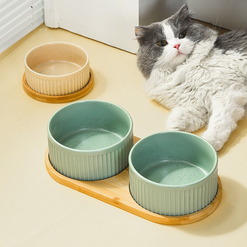 Manufacturer Wholesale Vertical Grain Ceramic Dog Cat Bowls With Wooden Frame
