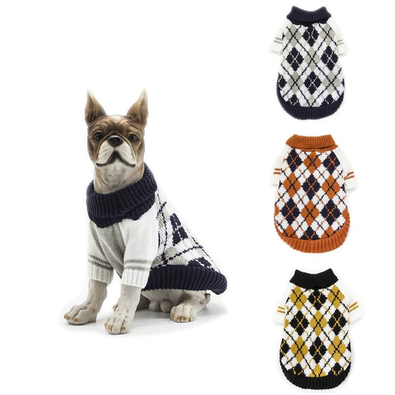 Manufacturer Wholesale Navy Blue Yellow Plaid Winter Dog Sweater