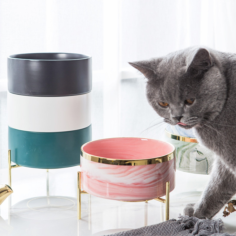 Manufacturer Wholesale Pink Grey Blue Green Marble Pattern Dog Ceramic Bowl With Golden Frame