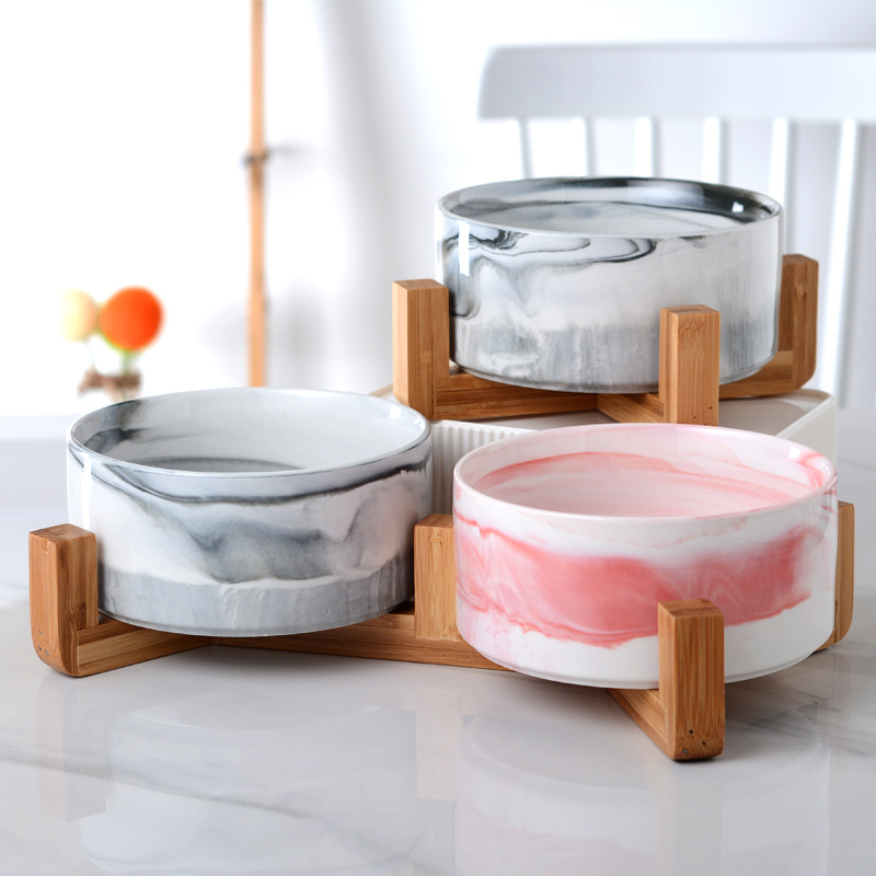 Manufacturer Wholesale Pink Grey Marble Pattern Dog Ceramic Bowl With Wooden Frame