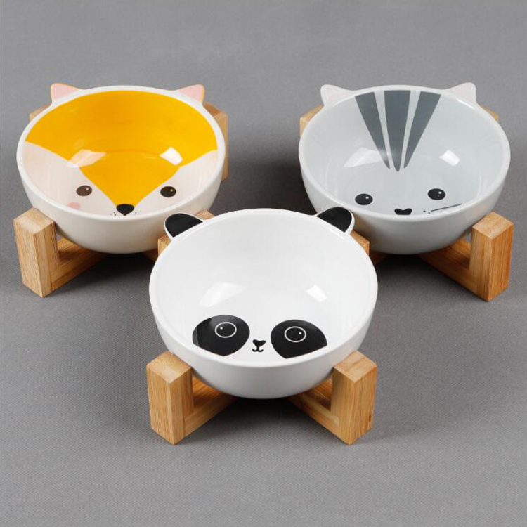 Manufacturer Wholesale Cute White Ceramic Cat Pet Dog Bowl With Wooden
