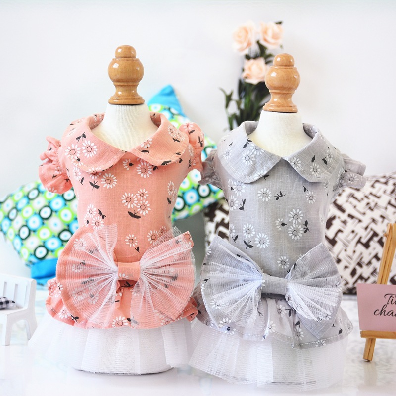 Manufacturer Wholesale Pink Grey Sun Flower Hand Made Dog Dress With Bowknot