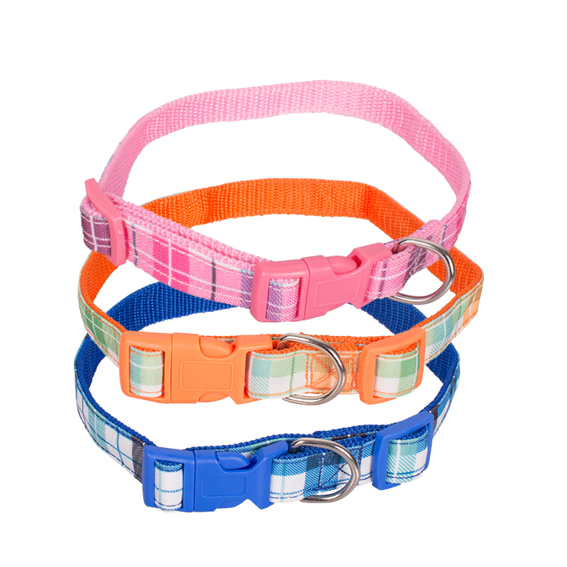 Manufacturer Wholesale Adjustable Pink Blue Orange Pet Dog Plaid Nylon Collar