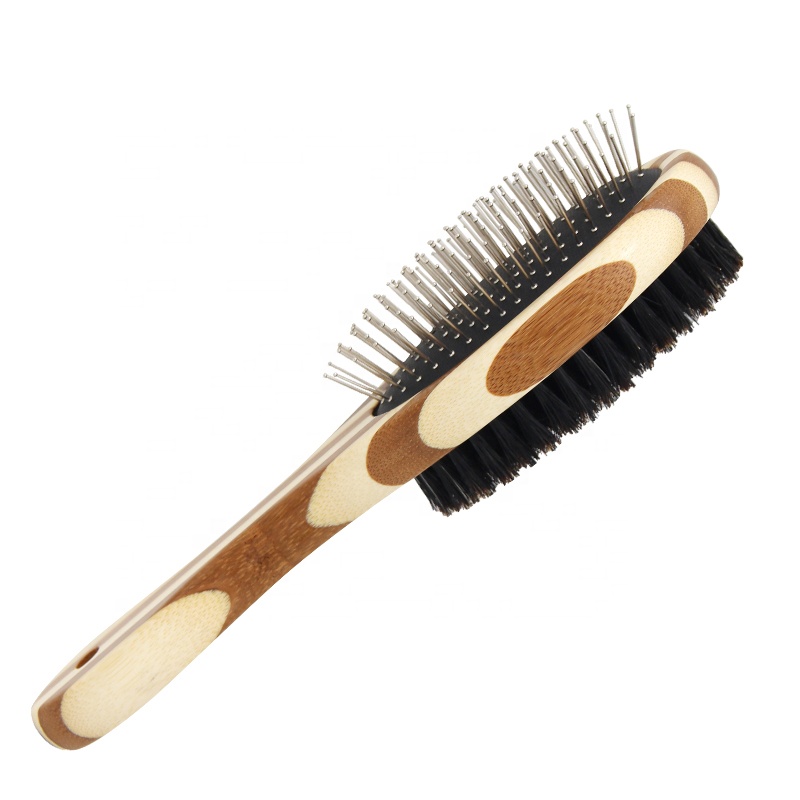 Factory Wholesale Bamboo Wooden Double Sided Pet Bristle Brush Comb Cat Grooming Pin Brush For Dog