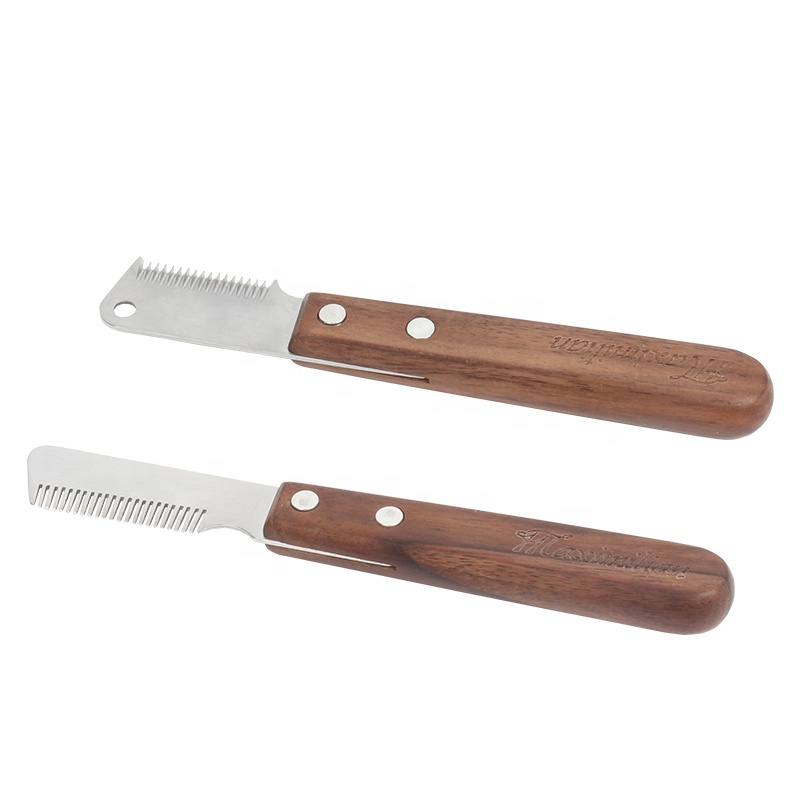 Factory Wholesale Classical Style Wooden Handle Pet Cutting Comb Dog Stripping Knives Pet Dog Deshedding Tool