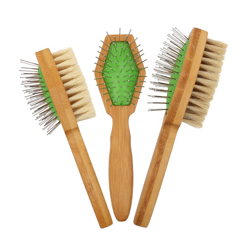 Factory Wholesale Custom Logo Eco Bamboo Wooden Double Sided Cat Bristle Massage Brush Dog Pet Pin Cleaning Grooming Comb