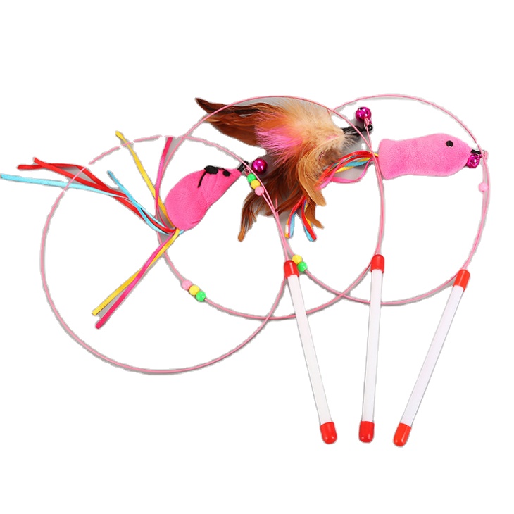 Wholesale Catfish Fishing Supplies Teaser Stick Wand Cat Toys Stainless Steel With Feather Mouse For Cats Interactive Toys