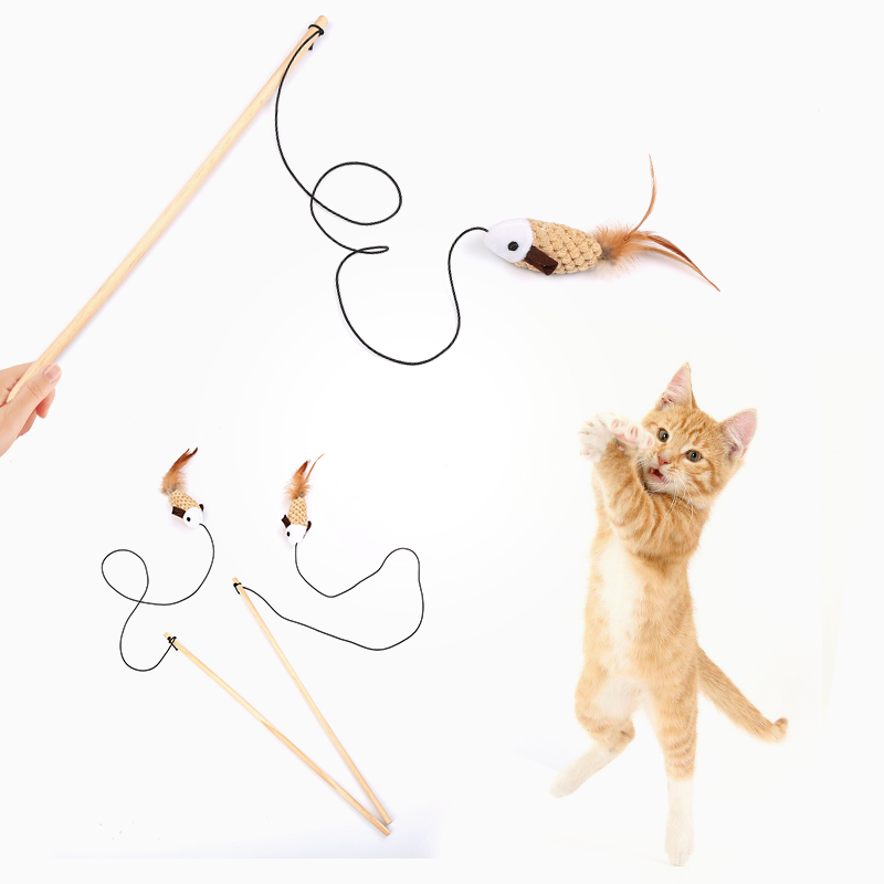 Wooden Wand Mouse With Feather Toy Cat Pole Cat Products