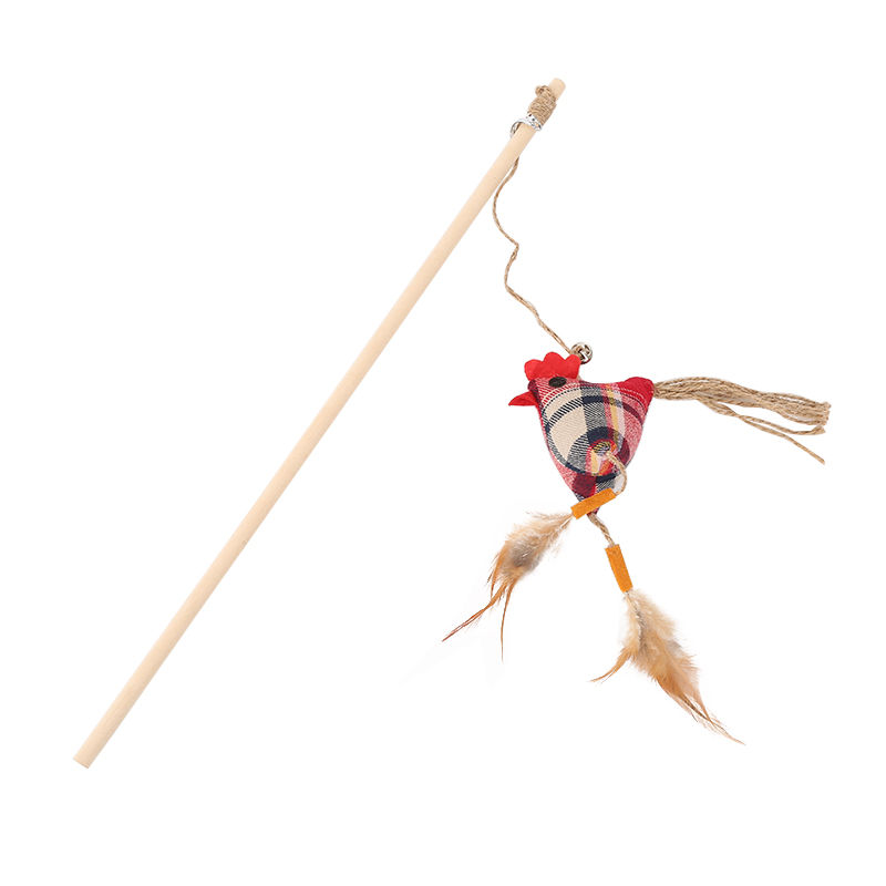 Hot Sale Rooster Shaped Wooden Pole Cat Teaser Cat Toy With Feathers