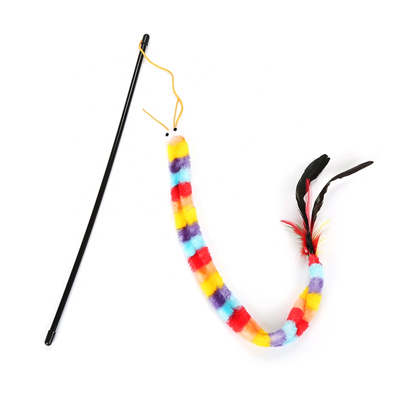 Wholesale Plush Rainbow Snake With Feather Cat Stick Plastic Pole Cat Teaser