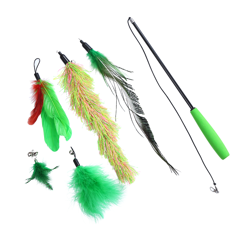 New Design Green Cat Feather Retractable Cat Teaser Wand Toy With Replacement