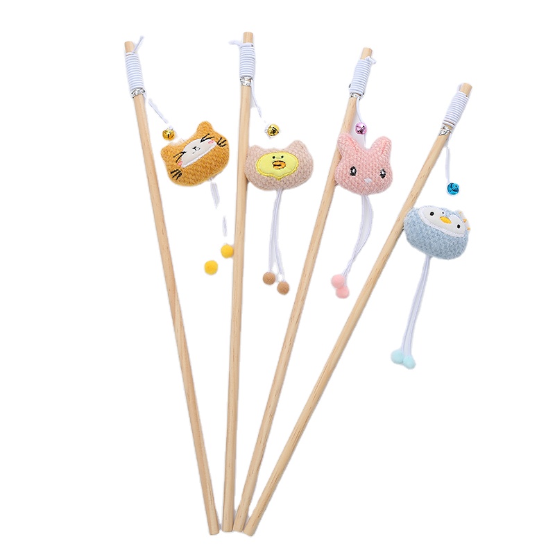 Wholesale Wooden Pole Plush Animal Head Interactive Cat Teaser With Bell