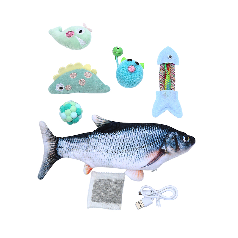6pcs Cat Toy Bag Catnip Moving Fish Mouse Head Plush Toy Set