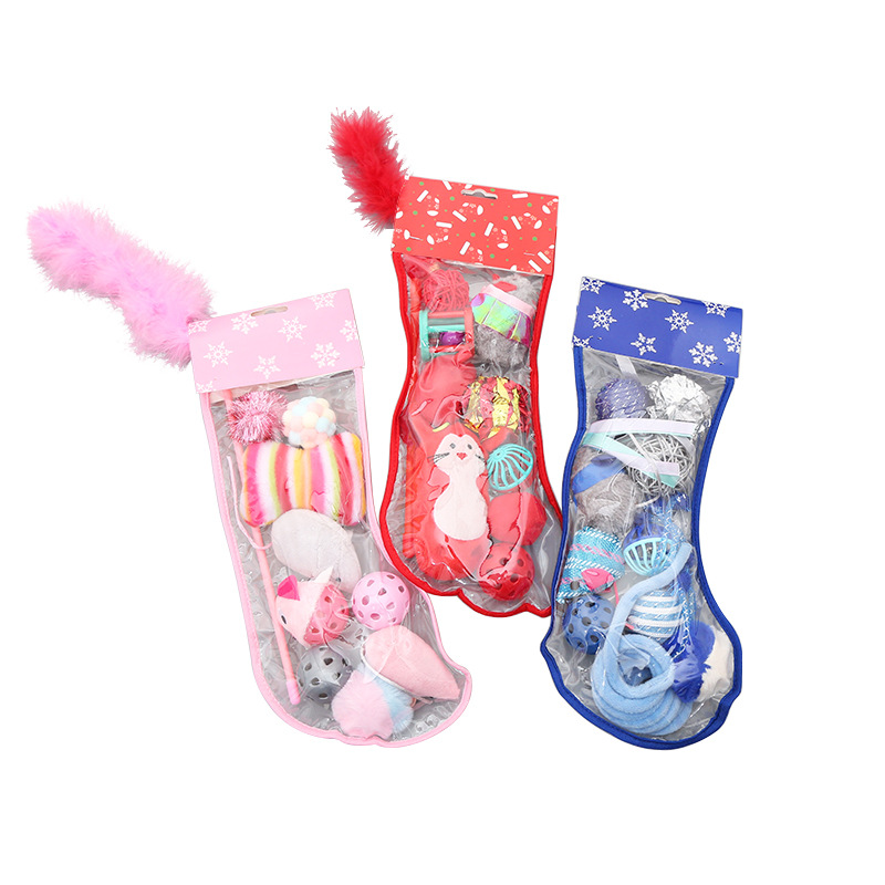 Hot Selling Christmas Set Socks Shape Packaging Plush Funny Cat Stick Cat Toy