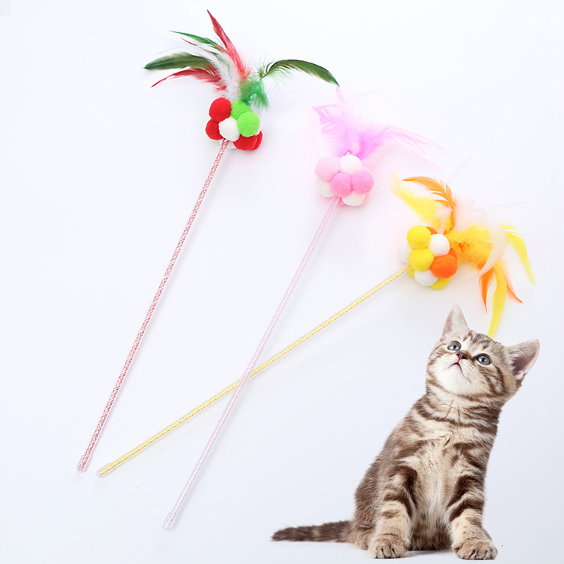 Pet Cat Toy Cat Teaser Colorful Plush Ball With Feather Tickling Stick Pet Supplies