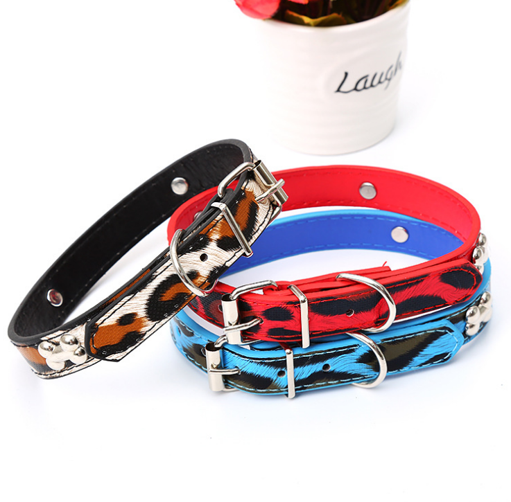 Pet Train Products Handmade Leopard Pu Leather Pet Collars For Dogs And Cats