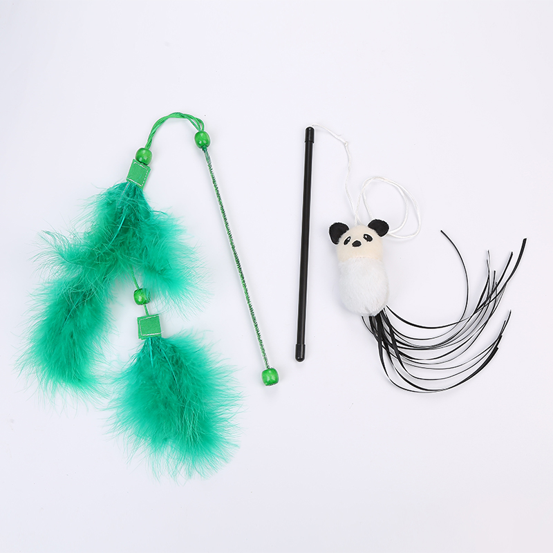 Panda And Green Feather Shape Cat Teaser Interactive Toy Wholesale Pet Supplies In Stock