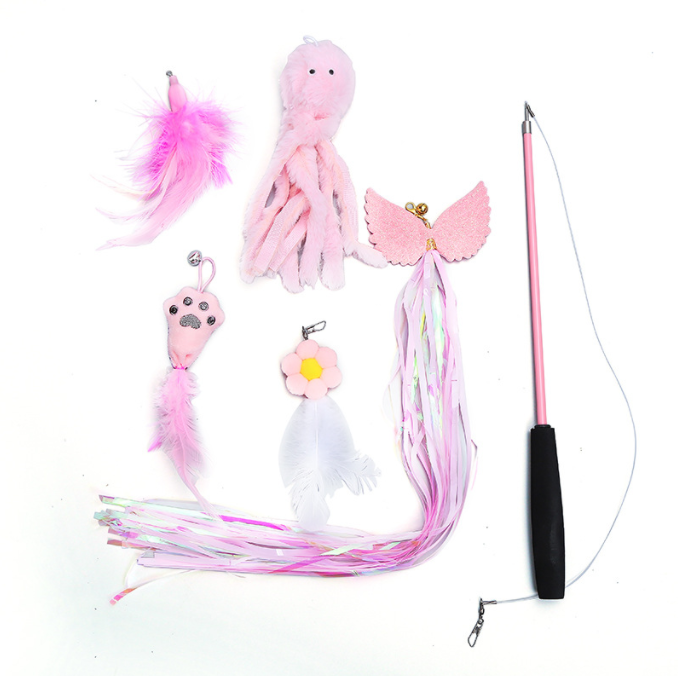 New Cat Toy Three Telescopic Retractable Pink Cat Feather Teaser Set With 5 Replacements
