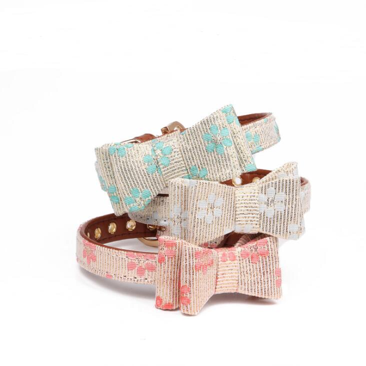 Eco-friendly Stocked Cute Small Luxury Floral Pu Bow-tie Pet Dog Collars