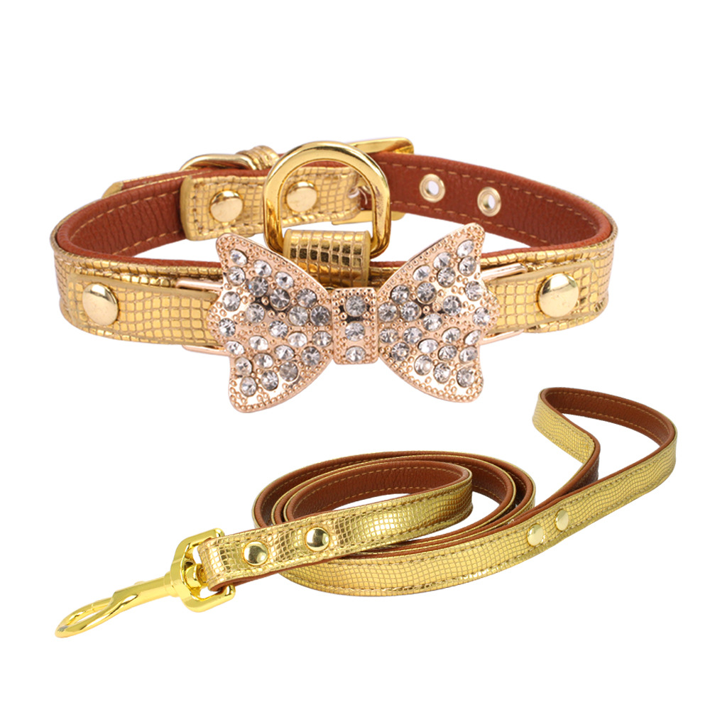 Hot Selling Luxury Rhinestone Bow Snake Print Pu Leather Dog Collar And Leash Set