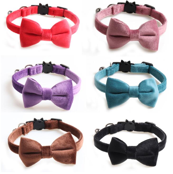 Eco Friendly Solid Luxury Cloth Small Pet Cat Bow Tie Collar With Bell