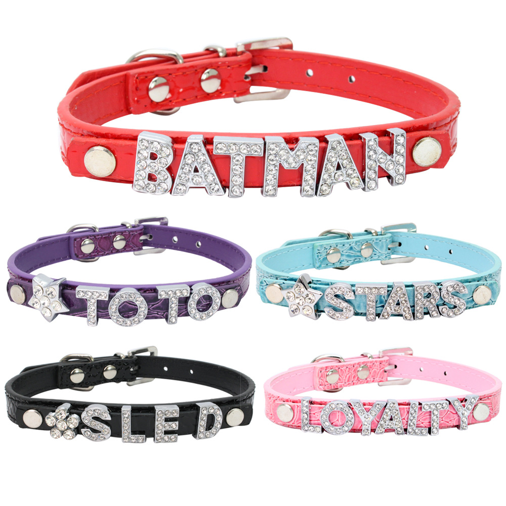 Hot Selling Pet Products Diy Bling Rhinestone Letters Pu Leather Dog Collars
