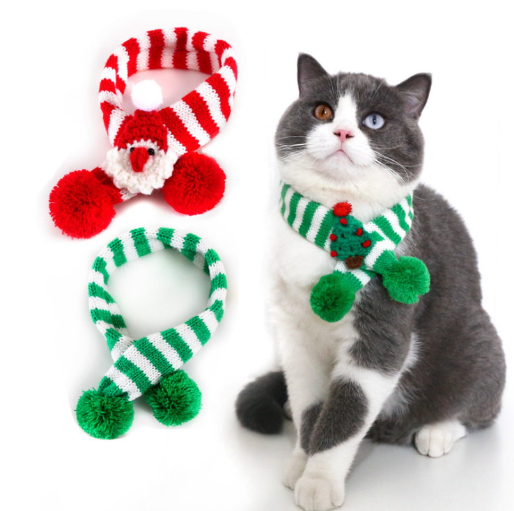 Pet Knit Striped Christmas Scarf Cat Dog Christmas Tree Adjustable Collar