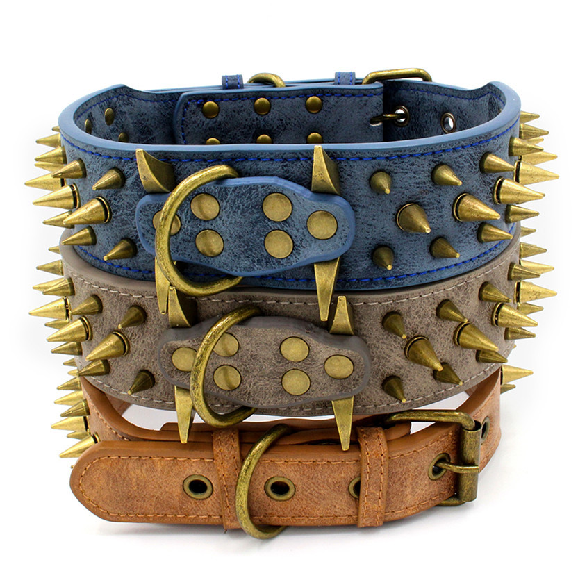 2022 New Vintage Anti-bite Rivet Pu Leather Large Dog Collar