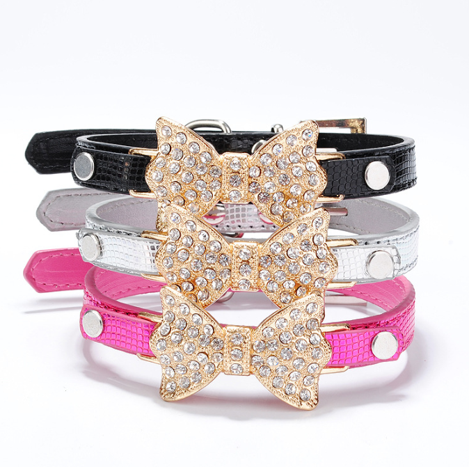 Hot Selling Gold Butterfly Dog Collar Pu Leather Dog Chain Dog Collar
