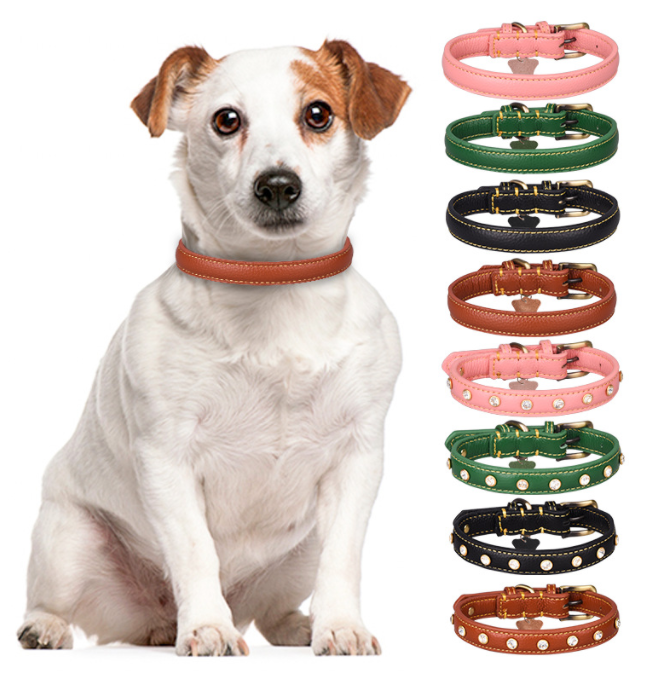 Double-sided Lychee Print Leather Pet Collar Brushed Bronze Dog Collar Rhinestone Dog Collar