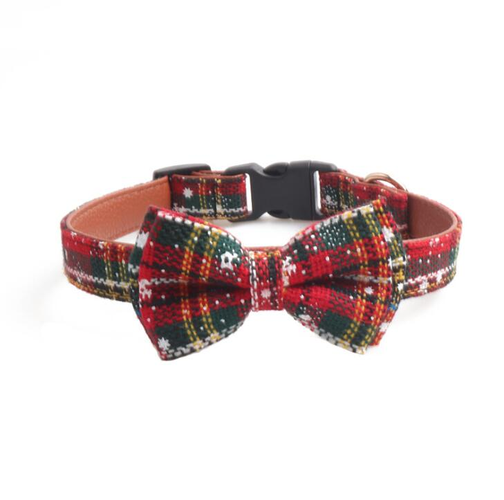 Stocked Fancy Adjustable Plaid Christmas Snowflake Bow-tie Pu Dog Collar
